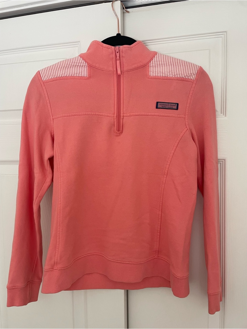 Vineyard Vines Coral Quarter-Zip Pullover with Striped Shoulder Panels